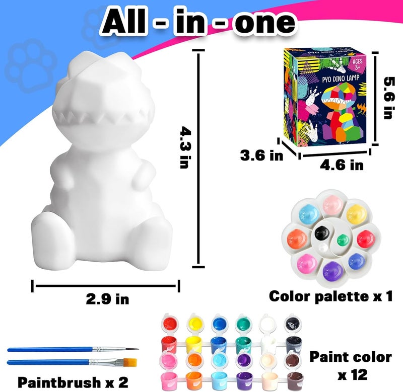 FUNZBO 4.3in Paint Your Own Dinosaur Lamp Kit - Arts and Crafts Supplies Painting Kit for Kids Teens, DIY Night Light Dinosaur Toys for Boys Girls 3 4 5 6 7 8 9 10 11 12 Christmas Birthday Gifts - Image 2